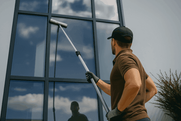 Pracownik Ekomilo podczas mycia okien dla firm na wysokości