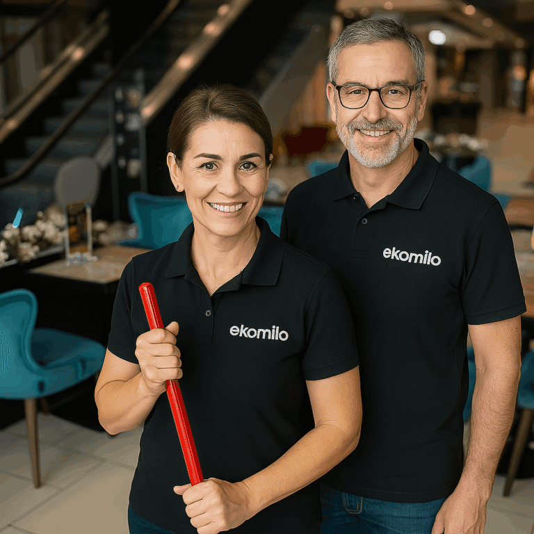 Pracownicy Ekomilo podczas sprzątania biurowców Warszawa - czystość w centrum handlowym