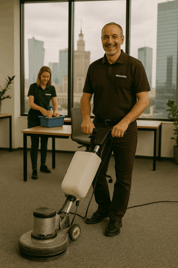 Pranie wykładzin biurowych Warszawa - pracownik z maszyną rotacyjną