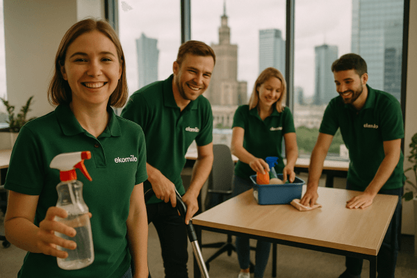 Zespół pracowników ekomilo - firmy sprzątającej warszawa podczas pracy w sprzątaniu biura