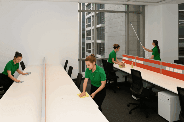 Pracownicy Ekomilo podczas mycia okien na wysokości Warszawa w biurowcu