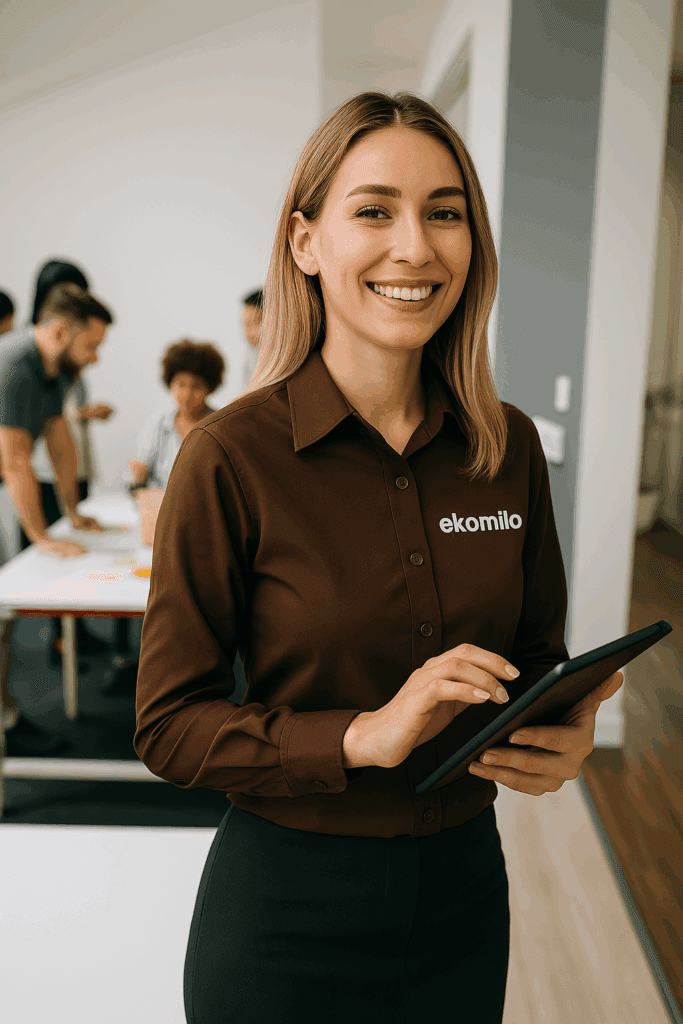 Pracownik Ekomilo z tabletem w sprzątaniu biur Mokotów Warszawa