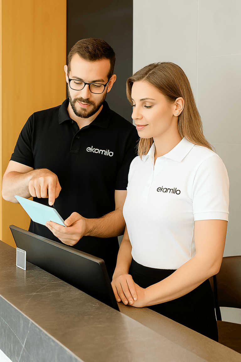 Dwóch pracowników firmy sprzątającej Ekomilo podczas pracy w biurze